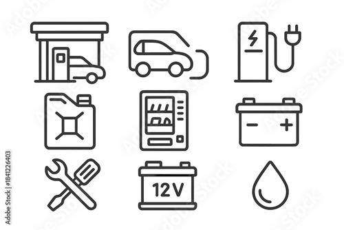 Line art set depicting car maintenance and electric vehicle charging services