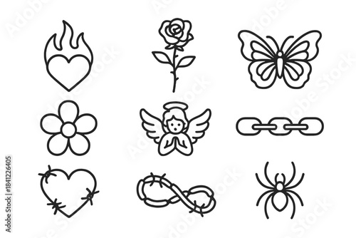 Trendy outline symbols set with flaming heart, rose, butterfly, angel, chain, and barbed wire designs