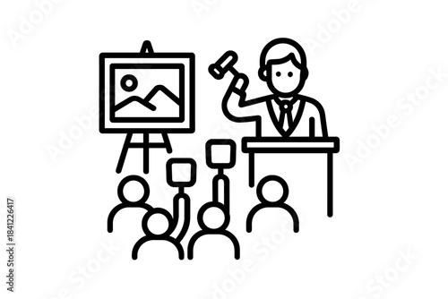 Auctioneer holding a gavel selling artwork to bidders raising their hands in a public auction event