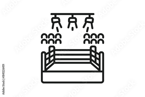 Boxing ring arena with audience seating and overhead spotlights for a fighting match