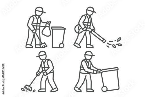 Sanitation worker performing street cleaning activities like sweeping and trash disposal