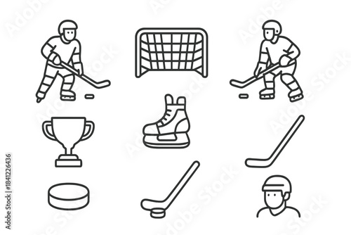 Minimalist line art icons set for ice hockey sport elements and player