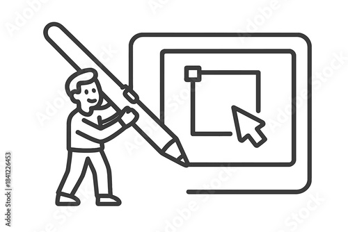 Graphic artist working on digital design software interface with a large drawing tool