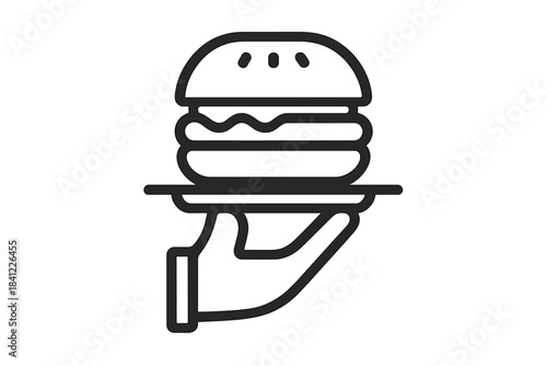 Hand serving classic hamburger on a plate for fast food delivery service