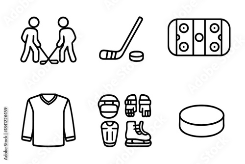 Ice hockey simple line icons set with players, stick, puck, rink, jersey, and protective gear