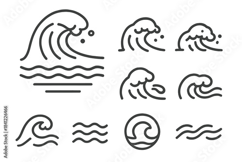 Modern outline icon set featuring stylized ocean waves and water symbols