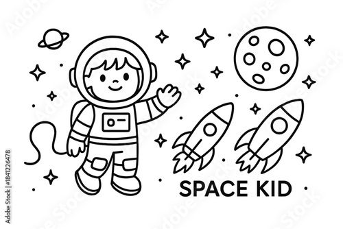 Happy little astronaut waving in space surrounded by stars and rockets