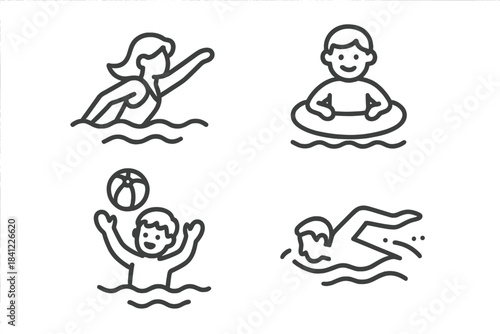 Summer water activities, people swimming, floating, and playing in the pool