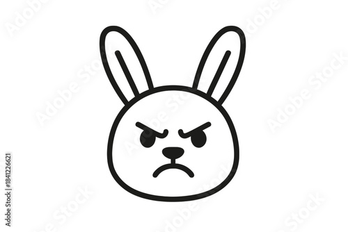 Simple black and white angry rabbit head with frowning expression and furrowed eyebrows
