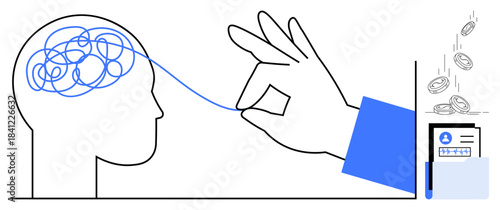 Mental health, cognitive processes, financial planning, decision-making, brain optimization, problem solving. Hand untangling brain confusion. Mental health and cognitive processes concept