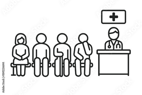 Medical waiting room scene with patients sitting and a healthcare professional at the desk