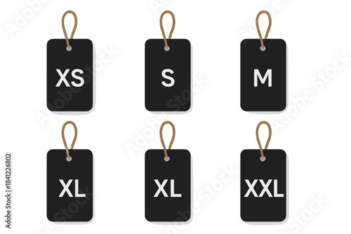 Assortment of black rectangular clothing tags with twine strings for retail and shopping
