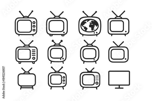 Vintage and modern television set icons featuring antennas and control knobs