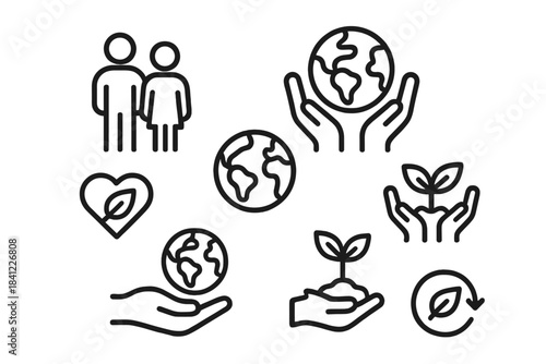 Hands holding Earth, growing plants, recycling, and human figures representing ecology