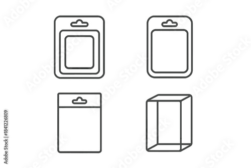 Minimalist outline icons showing retail product blister packaging and boxes