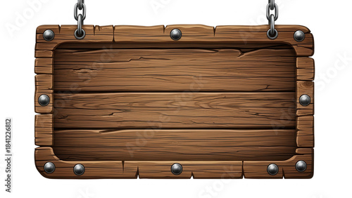 Hanging wooden board sign with chains isolated on transparent background