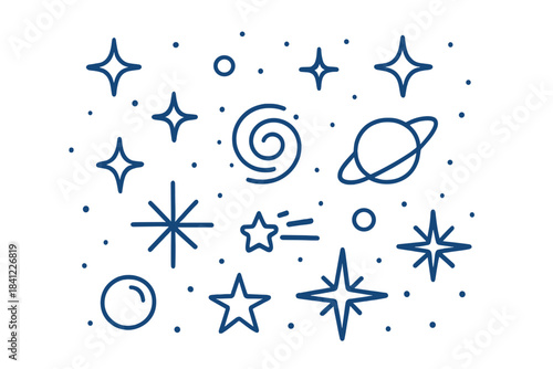 Minimalist cosmic symbols featuring stars, planets, and galaxy in simple line art