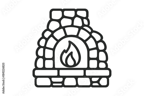 Minimalist outline icon of a classic stone fireplace hearth with burning flame
