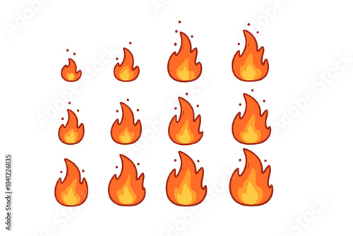 Set of twelve cartoon flame icons for game design and user interface elements