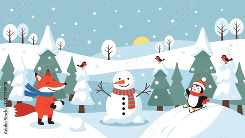 A cheerful fox, a playful penguin, and a smiling snowman enjoying a snowy winter day.