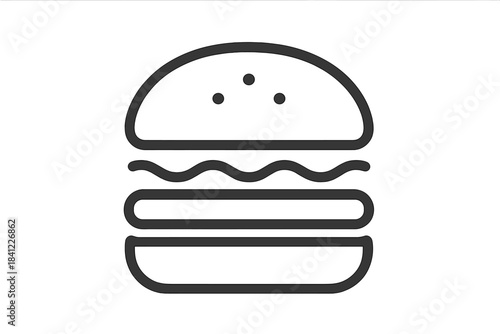 Simple outline drawing of a classic layered hamburger sandwich with bun, patty, and toppings