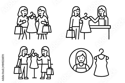 Women shopping for clothes and interacting with sales staff in a fashion retail environment