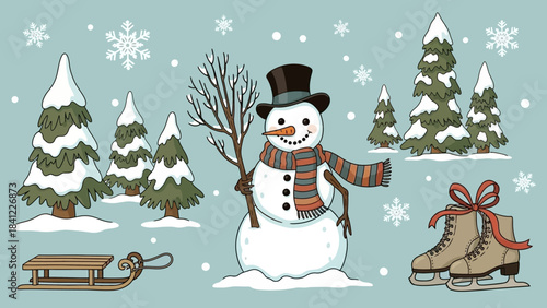 Charming Snowman with Winter Accessories and Festive Elements.