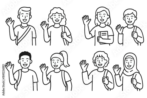 Group of happy diverse students wearing backpacks and waving their hands in greeting