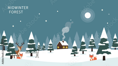 Charming Winter Forest Scene with Animals and Cozy Cabin.