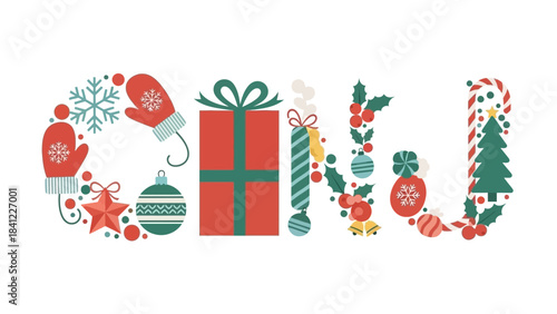 Christmas themed word illustration with festive elements and holiday spirit.