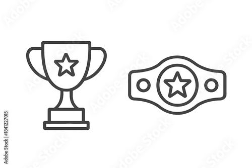 Collection of outline symbols featuring a winner's trophy cup and a championship award belt