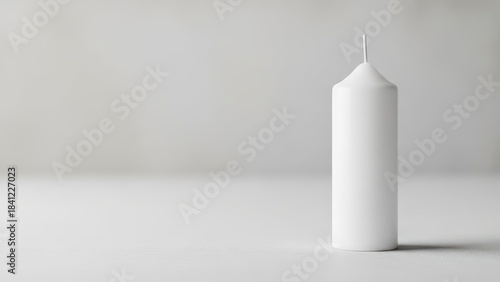 Minimalist white candle on neutral background in soft lighting