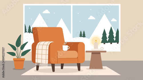 Cozy armchair with blanket and coffee cup.