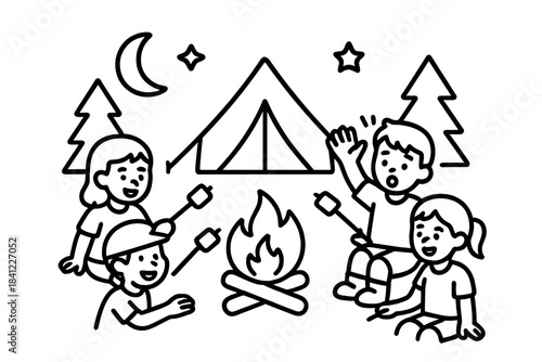 Happy children sitting around a campfire roasting marshmallows on a nighttime camping trip