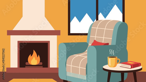 Cozy Armchair with Plaid Blanket and Warm Drink.