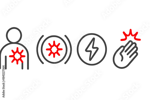 Four warning signs including chest pain, electrical hazard, general alert, and hand impact