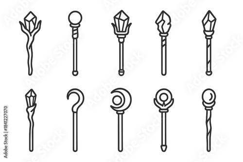 Magical fantasy staffs and wizard wands decorated with crystals, spheres, and crescent moons