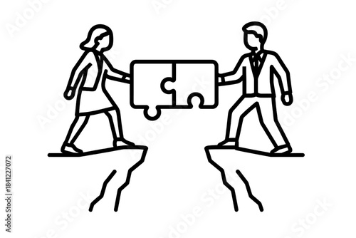 Business partners connecting puzzle pieces across a dangerous cliff gap showing teamwork and collaboration
