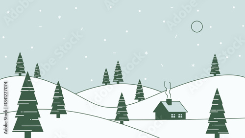 Cozy Cabin in a Serene Winter Wonderland Landscape.