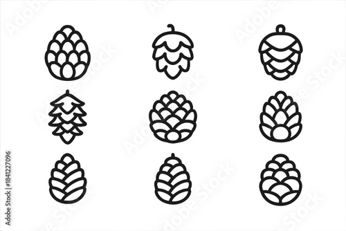 Minimalist outline shapes of natural pine cones, hops, and botanical elements