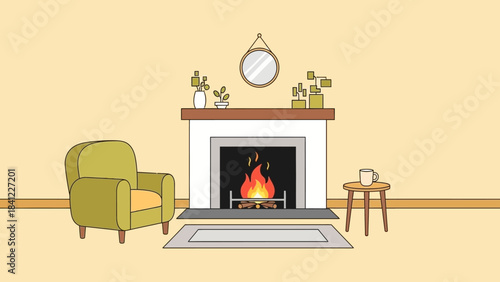 Cozy Living Room with Fireplace and Armchair.