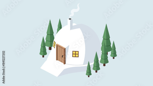 Cozy Snow Covered Cabin Surrounded by Pine Trees in Winter.