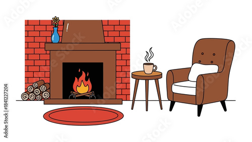 Cozy living room with fireplace and armchair.