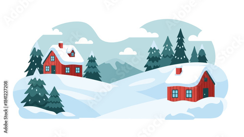 Cozy Red Houses Nestled in a Serene Winter Wonderland Landscape.