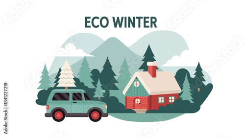 Cozy Winter Cabin and Car with Christmas Tree in Snowy Landscape.