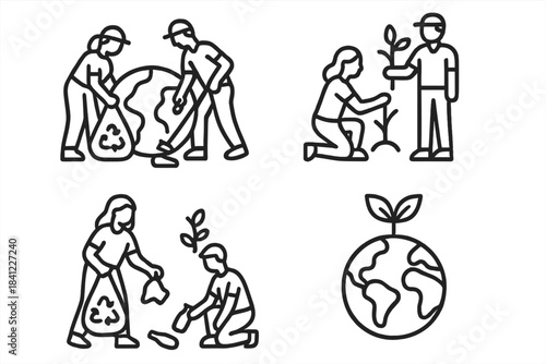 Volunteers cleaning up trash and planting trees for environmental sustainability