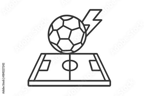 Soccer ball with lightning bolt symbol over football field outline showing speed and power