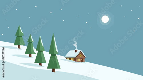 Cozy Winter Cabin with Smoke Rising from Chimney.