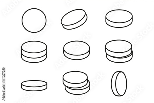 Minimalist outline symbols showing stacked circular discs or generic tokens in perspective view