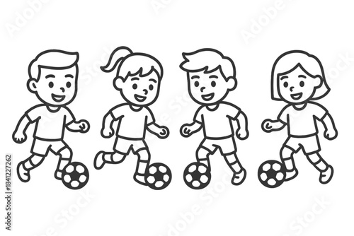 Four smiling kids running and kicking soccer balls together in a playful group